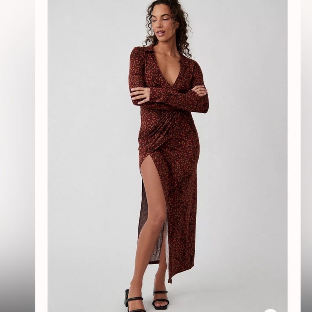 Free People Shayla Wrap Midi Dress long sleeve, v neck collar flattering slit